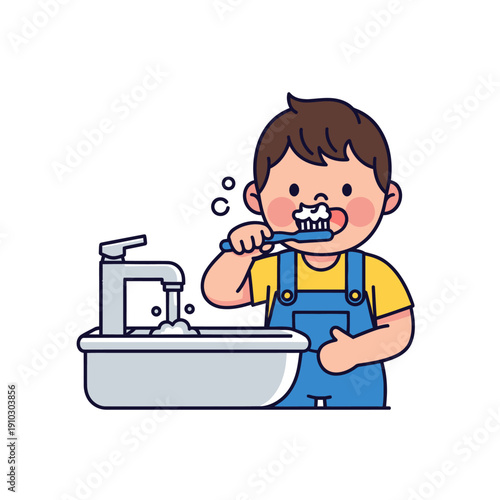 Young boy brushing teeth at bathroom sink daily routine