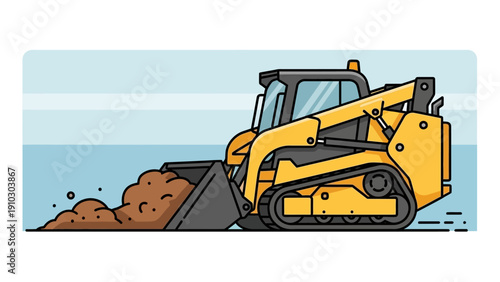 Yellow skid steer loader pushing dirt, illustrating construction and earthmoving.