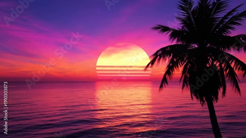Wallpaper Mural Vibrant Tropical Sunset Over Calm Ocean With Silhouetted Palm Tree And Sun Disk Reflection Torontodigital.ca