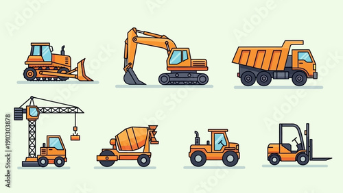 Collection of various orange construction vehicles, including a bulldozer, excavator, and dump truck.