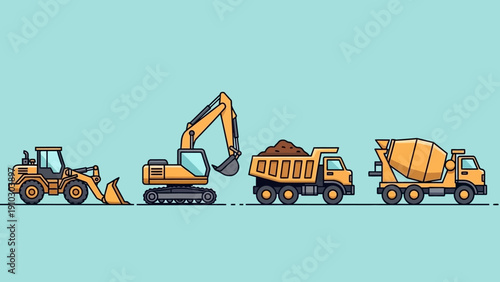 Illustration of construction vehicles including a bulldozer, excavator, dump truck, and concrete mixer.