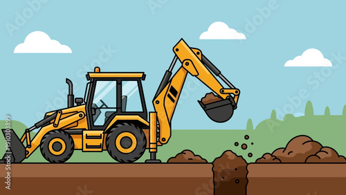 A yellow backhoe excavator digging a hole in the ground, with dirt and clouds in the background.
