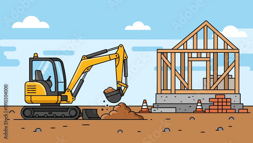 Construction site with an excavator digging, and a partially built house frame.
