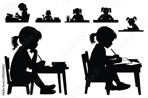 Silhouettes of children sitting at desks writing or