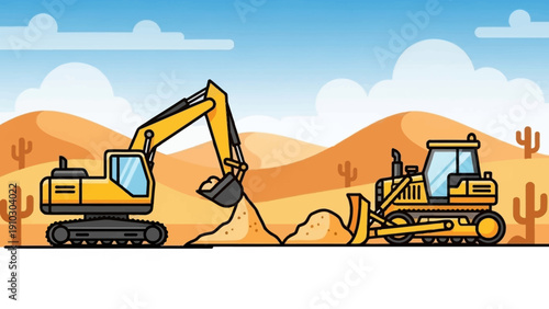An illustration of construction vehicles, an excavator and a bulldozer, working in a desert environment.