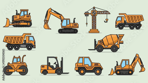 Collection of various construction vehicles and machinery, all in orange color.