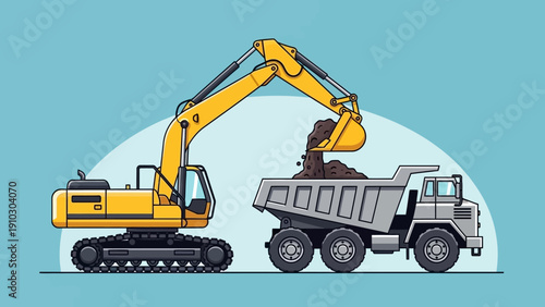 An excavator loading a dump truck with soil, illustrating construction and earthmoving activities.