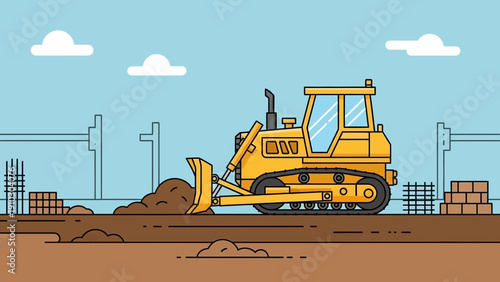 A yellow bulldozer pushing dirt at a construction site with a blue sky background.