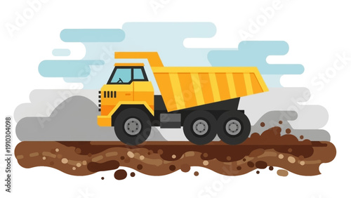 A vibrant illustration of a yellow dump truck navigating a muddy construction site.