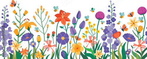 Colorful Spring Wildflowers and Bees Border Illustration