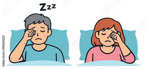 Simple cartoon people set featuring a man and a woman rubbing their sleepy eyes for sleep issues