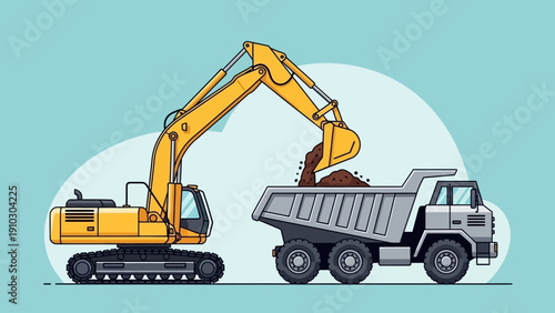 An excavator loading soil into a dump truck, illustrating construction and transport.
