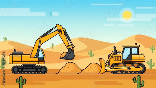 An illustration of construction equipment, an excavator and a bulldozer, working in a desert environment.