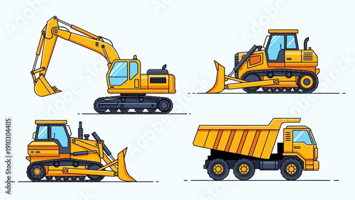 Illustration of various yellow construction vehicles, including an excavator, bulldozer, and dump truck, on a light background.