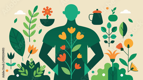 Social prescribing concept with person gardening and plants representing nature therapy mental health support and holistic healthcare in flat vector style