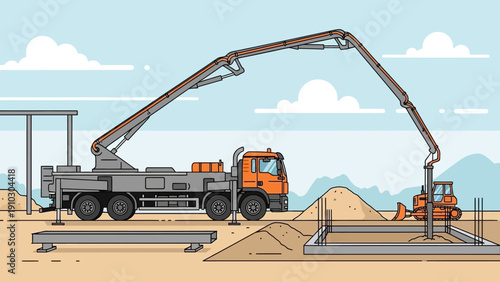 A concrete pump truck pouring cement into a construction site foundation.