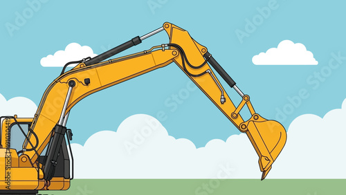 A detailed illustration of a yellow excavator with its arm extended, set against a blue sky.