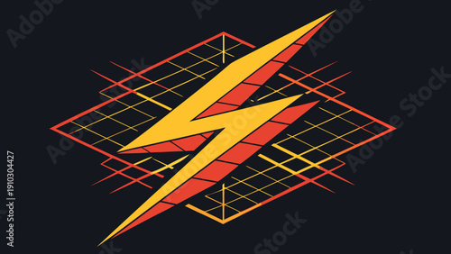 Electronic warfare lightning bolt symbol over grid background representing power energy signal jamming and military radio technology in flat vector style