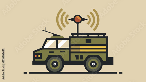 Electronic warfare vehicle with antenna system emitting signal waves representing military communication jamming and radar technology in flat vector style