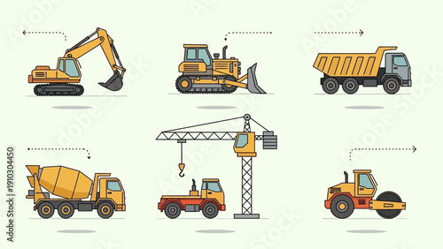 Illustration of various construction vehicles, including an excavator, bulldozer, dump truck, cement mixer, crane, and roller.
