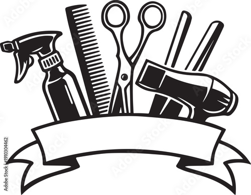 Hair Stylist Tools Hairdressing Monogram Split Frame for Logo or Text T-Shirt Design Silhouette vector black on a white background