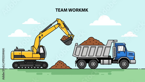 An excavator loading soil into a dump truck on a green field, teamwork concept.