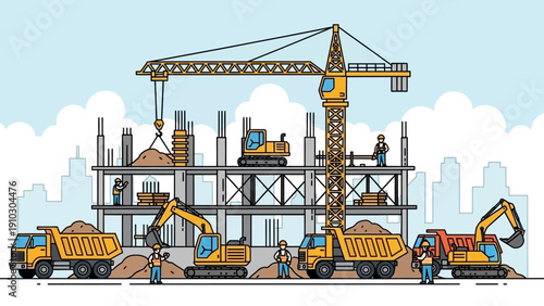 Construction site with crane, trucks, excavators, and workers building a new structure.