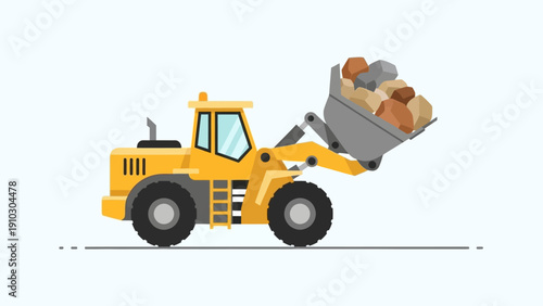 A yellow front-end loader with a full bucket of rocks, ready for transport.