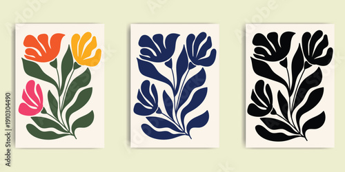 Abstract Floral Wall Art Set in Flat Style vector
