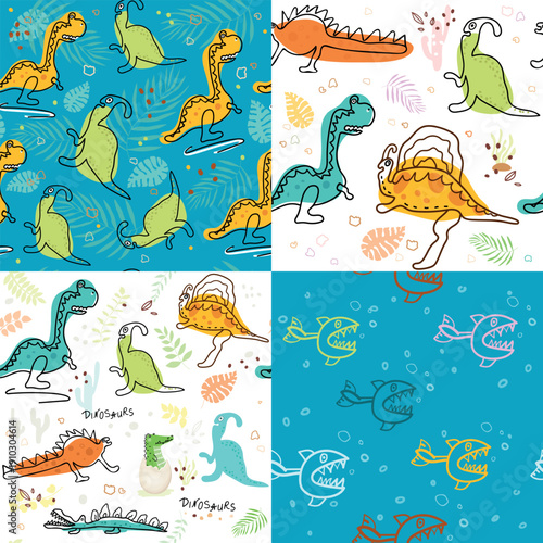 Dinosaurs, set. A collection of seamless patterns with hand drawn dinosaurs. A bright children's background for fabric and textiles.