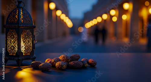 Ramadan Evening Dates and Traditional Lantern with Blurred City Lights