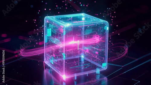 Futuristic neon cube glowing loop hologram abstract technology cyberpunk digital prism core sci fi data stream virtual reality style art design