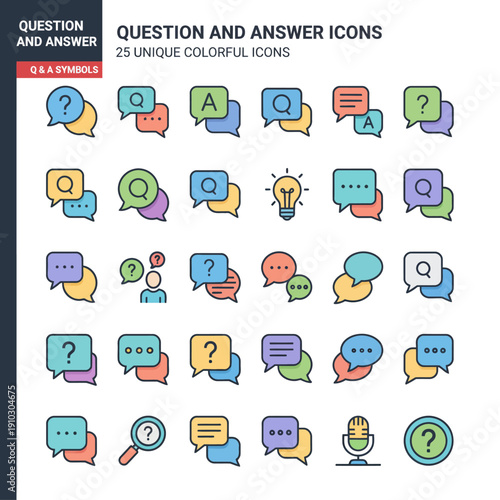 Collection of colorful question and answer icons in various speech bubbles and symbols