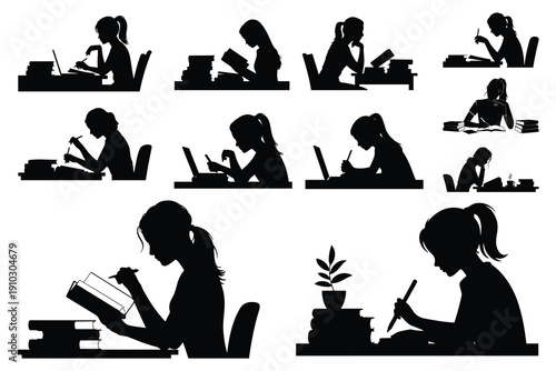 Silhouettes of people studying and reading books