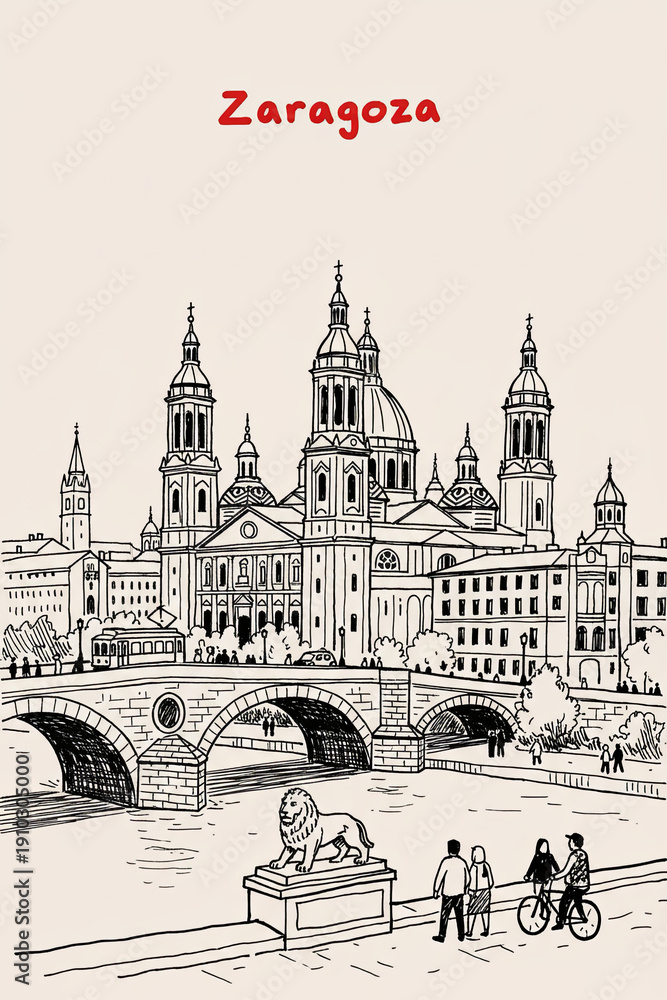 Naklejka premium Zaragoza, Spain Pen Line Art Illustration of City Landmark and Travel Scene