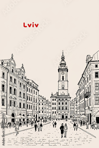 Lviv, Ukraine Pen Line Art Illustration of City Landmark and Travel Scene