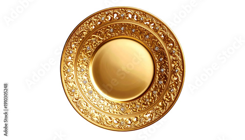 Ornate golden circular trophy, intricate designs, jewels, and blank center