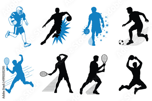 Set of Sports Silhouettes: Football, Basketball, Soccer, Tennis, and Dunking Athlete