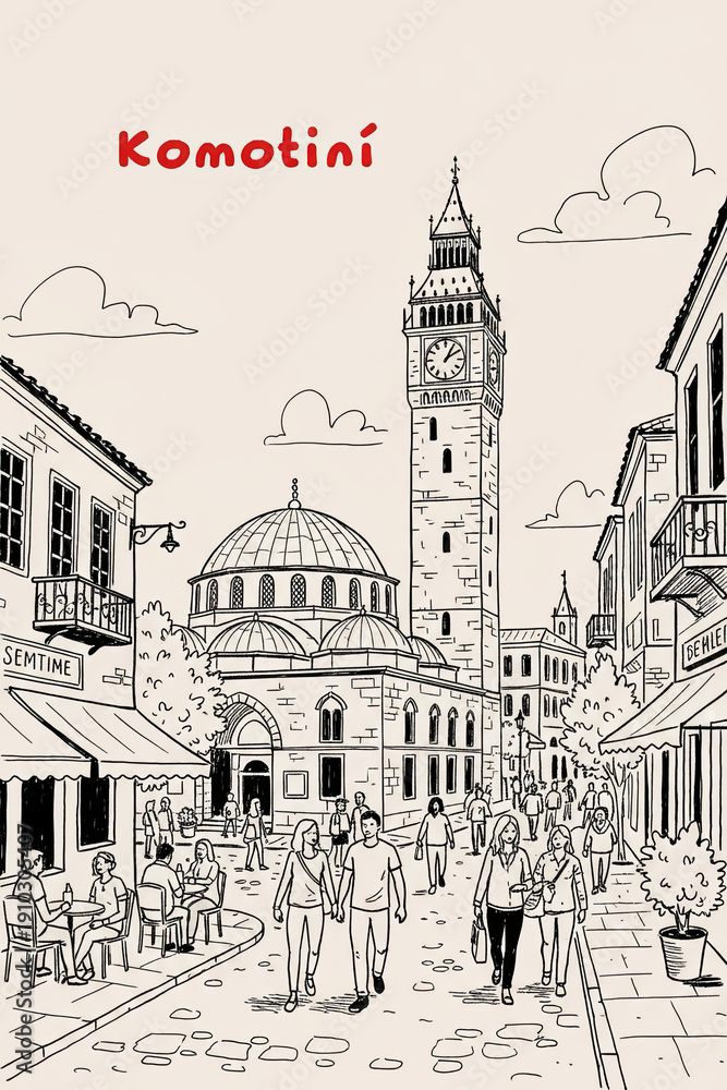 Obraz premium Komotiní, Greece Pen Line Art Illustration of City Landmark and Travel Scene