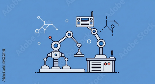 Robotic arms working together in automated industrial setting with control panel and molecular structures in background