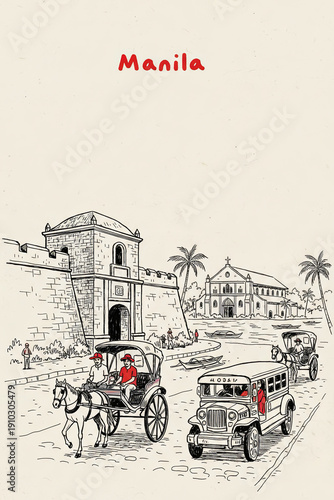Manila, Philippines Pen Line Art Illustration of City Landmark and Travel Scene