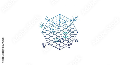 Complex geometric shape with interconnected hexagons and abstract symbols futuristic design concept on white background