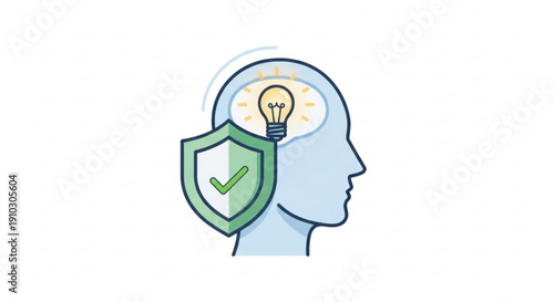 Human head with shield and lightbulb idea protection concept illustration