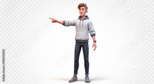 A 3D cartoon man pointing to the side with a transparent background