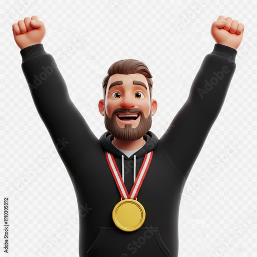 A cartoon man with a beard and a gold medal celebrates a victory with his arms raised in triumph.