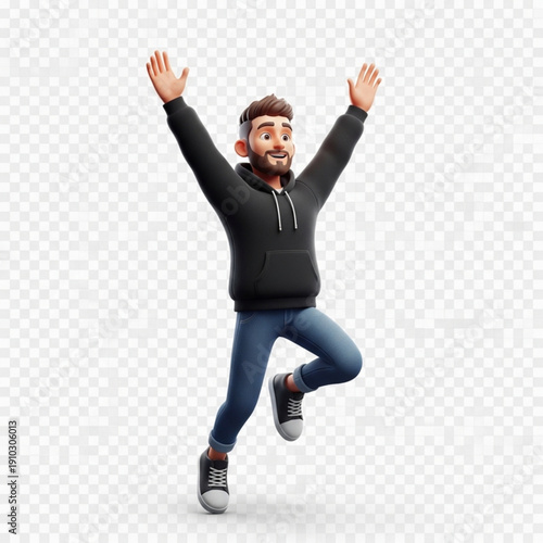 A cheerful cartoon man jumping in the air with his arms raised in excitement