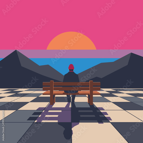 A solitary figure sits on a wooden bench overlooking a vibrant retro-futuristic sunset landscape with mountains and a checkered ground pattern, evoking contemplation.