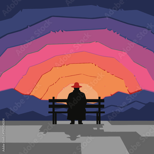 A contemplative individual enjoys a magnificent, stylized layered sunset from a peaceful bench, finding solace in the vibrant hues.