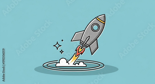 Cartoon rocket ship blasting off into the sky with flames and smoke on a blue background