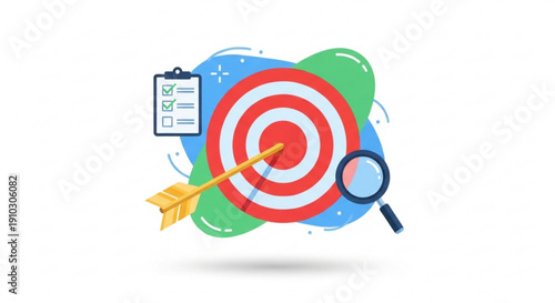 Target achievement concept with red white target board checklist and magnifying glass illustration